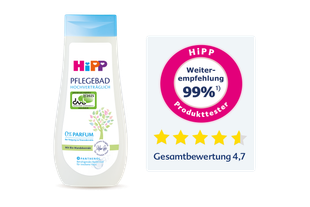 HiPP HOCHVERTRÄGLICH Pflegebad mit DAAB-Siegel, 99 % Weiterempfehlung, fünf Sternen und Gesamtbewertung 4,7.