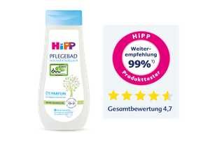 HiPP HOCHVERTRÄGLICH Pflegebad mit DAAB-Siegel, 99 % Weiterempfehlung, fünf Sternen und Gesamtbewertung 4,7.