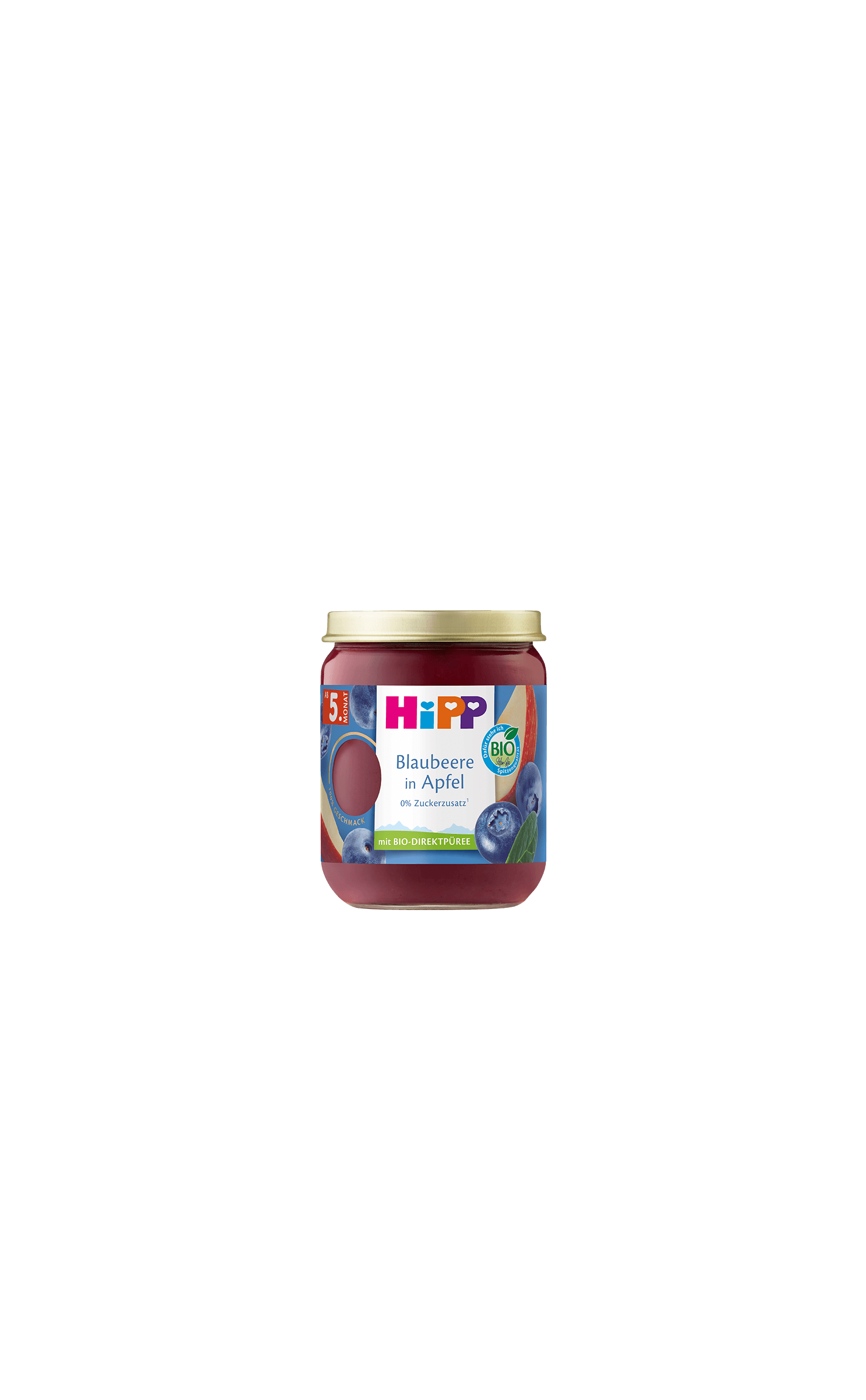 HiPP Bio-Gläschen „Blaubeere in Apfel“ ab 5. Monat, Fruchtbrei ohne Zuckerzusatz auf schwarzem Hintergrund
