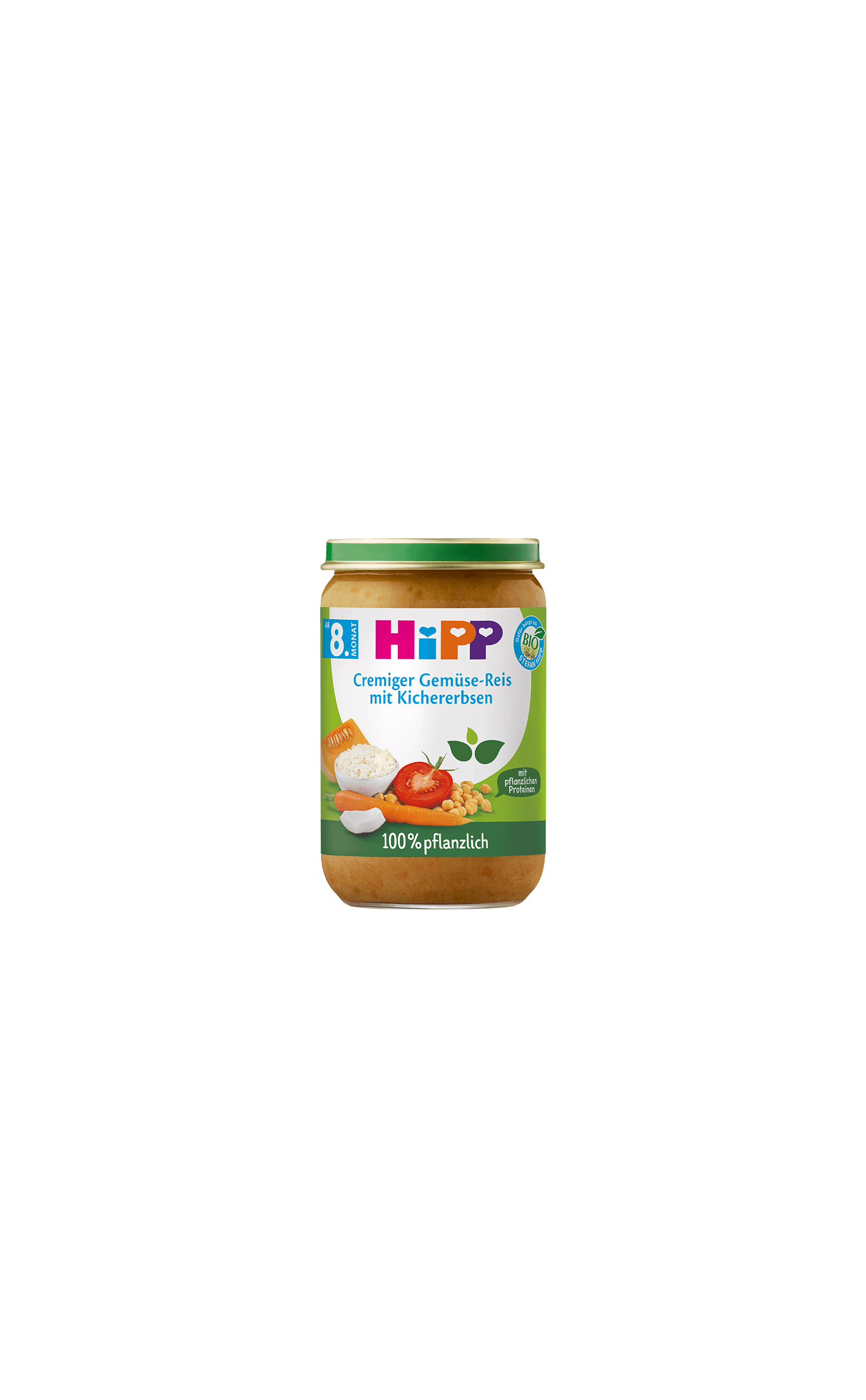 HiPP Bio-Gläschen „Cremiger Gemüse-Reis mit Kichererbsen“, 100 % pflanzliche Beikost ab dem 8. Monat