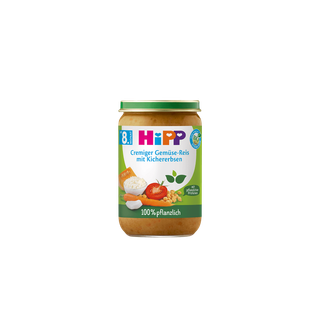 HiPP Bio-Gläschen „Cremiger Gemüse-Reis mit Kichererbsen“, 100 % pflanzliche Beikost ab dem 8. Monat