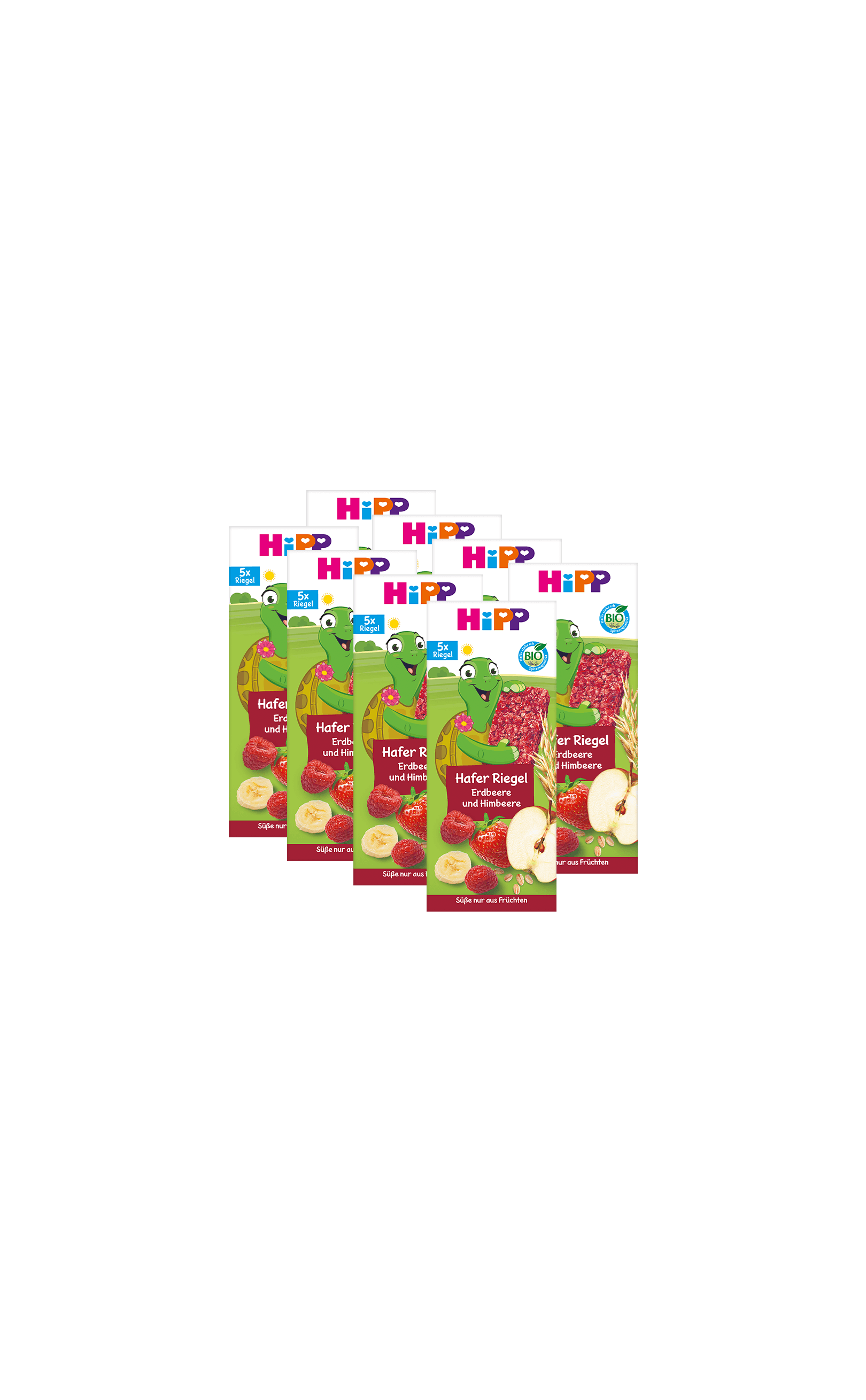 Mehrere HiPP Bio Hafer-Riegel Erdbeere-Himbeere Packungen, 40x20g, mit fruchtigen Erdbeer-, Himbeer- und Bananenmotiven auf der Vorderseite