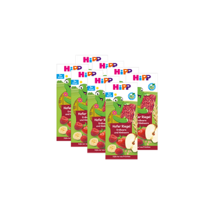 Mehrere HiPP Bio Hafer-Riegel Erdbeere-Himbeere Packungen, 40x20g, mit fruchtigen Erdbeer-, Himbeer- und Bananenmotiven auf der Vorderseite
