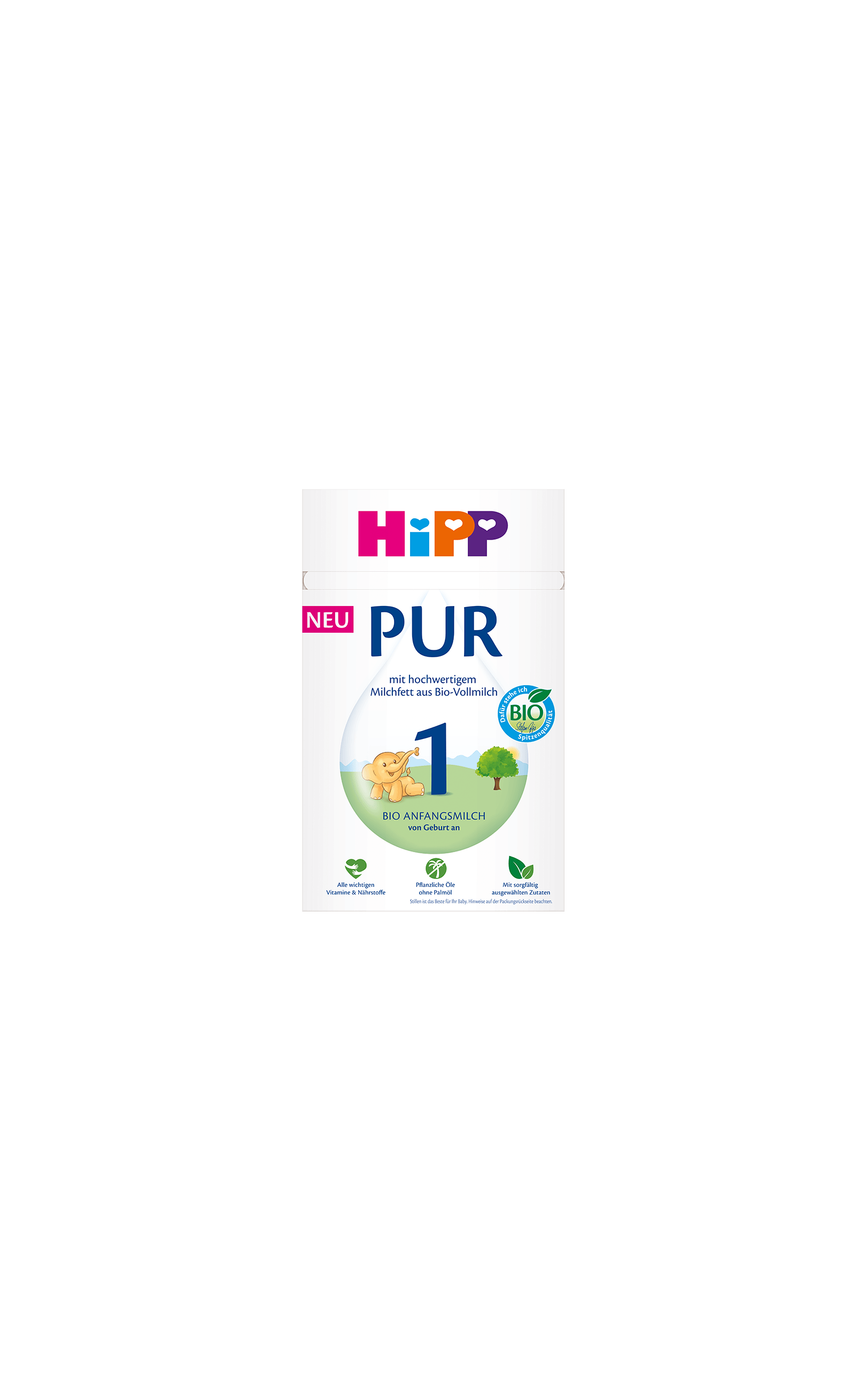 HiPP PUR 1 Bio Anfangsmilch 500g Packung mit spielendem Baby-Elefanten auf grüner Wiese vor hellem Hintergrund