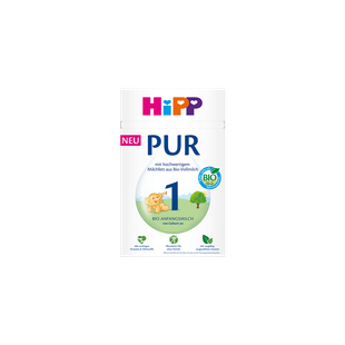 HiPP PUR 1 Bio Anfangsmilch 500g Packung mit spielendem Baby-Elefanten auf grüner Wiese vor hellem Hintergrund