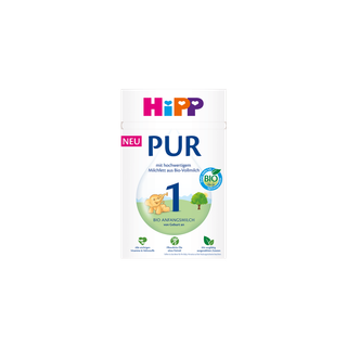 HiPP 1 PUR Bio-Anfangsmilch Packung mit bunter HiPP-Logoaufschrift und spielendem Baby-Elefanten auf grüner Wiese