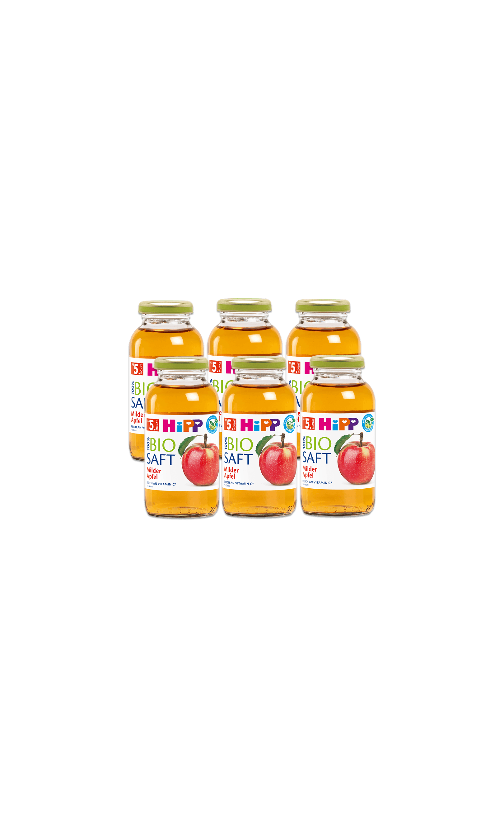 Sechs 200-ml-Gläschen HiPP Bio Saft Milder Apfel für Babys ab 5. Monat vor schwarzem Hintergrund angeordnet