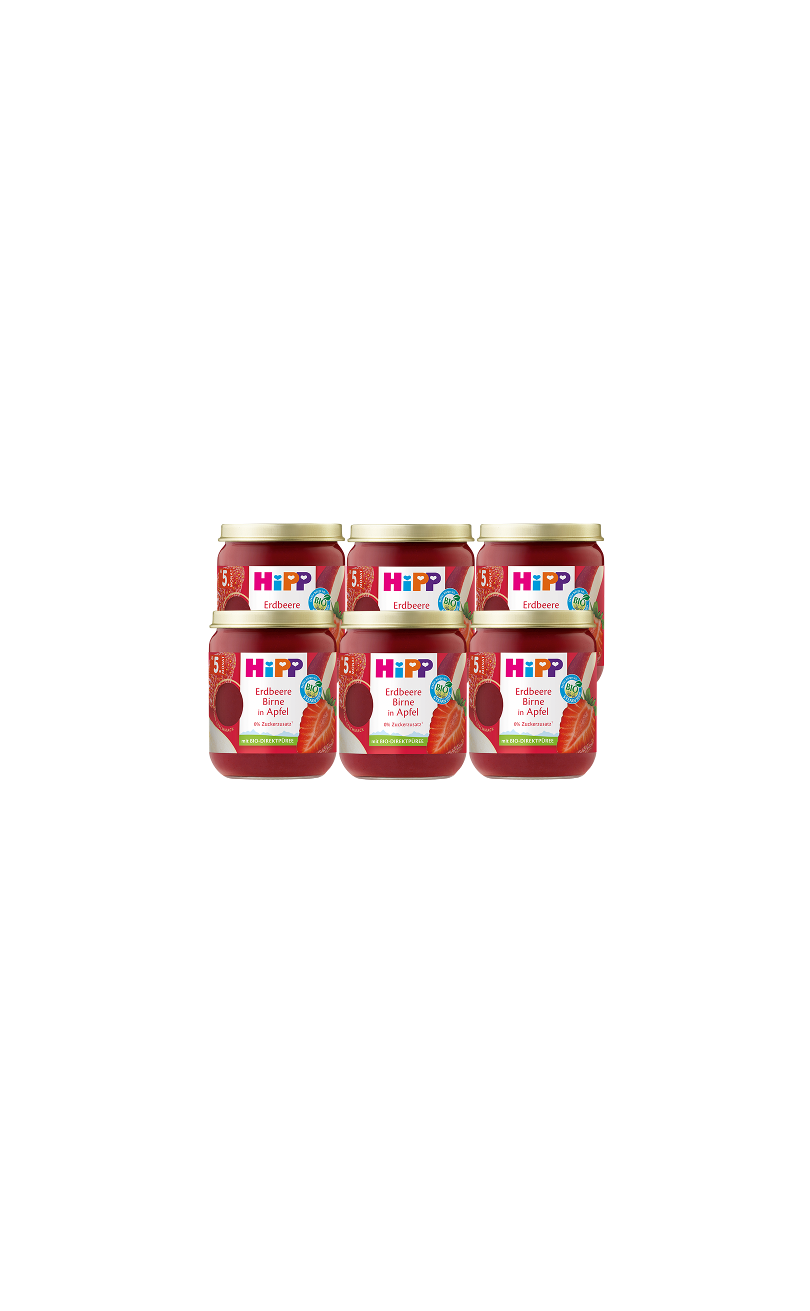 Sechserpack HiPP Bio-Fruchtgläschen Erdbeere und Erdbeere-Birne in Apfel, 6×160 g, vor schwarzem Hintergrund
