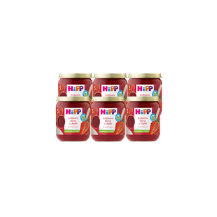 Sechserpack HiPP Bio-Fruchtgläschen Erdbeere und Erdbeere-Birne in Apfel, 6×160 g, vor schwarzem Hintergrund