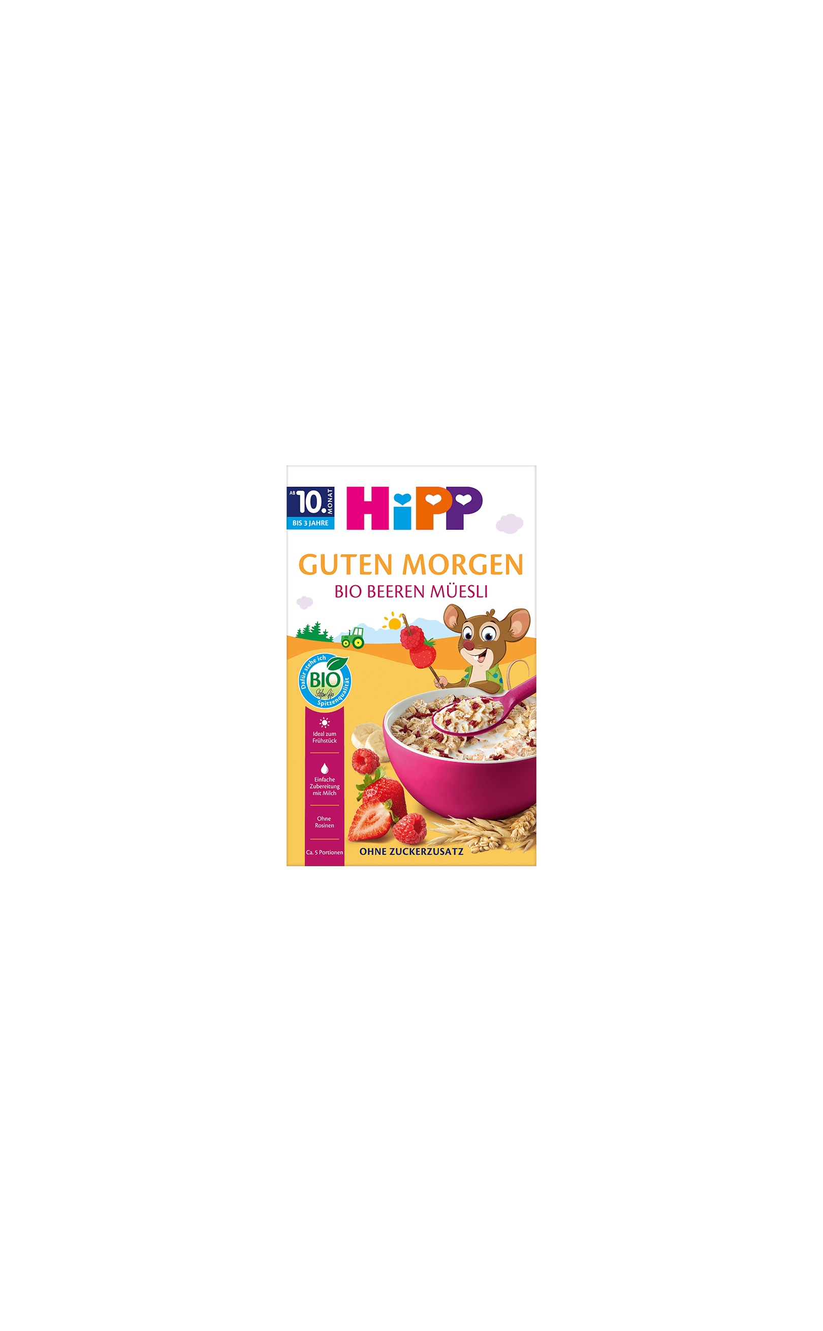 HiPP Guten Morgen Bio Beeren-Müesli Packung mit rosa Müslischale, Beerenstückchen und fröhlicher Maus-Illustration