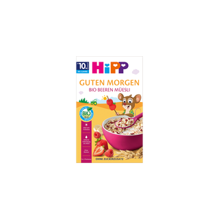 HiPP Guten Morgen Bio Beeren-Müesli Packung mit rosa Müslischale, Beerenstückchen und fröhlicher Maus-Illustration