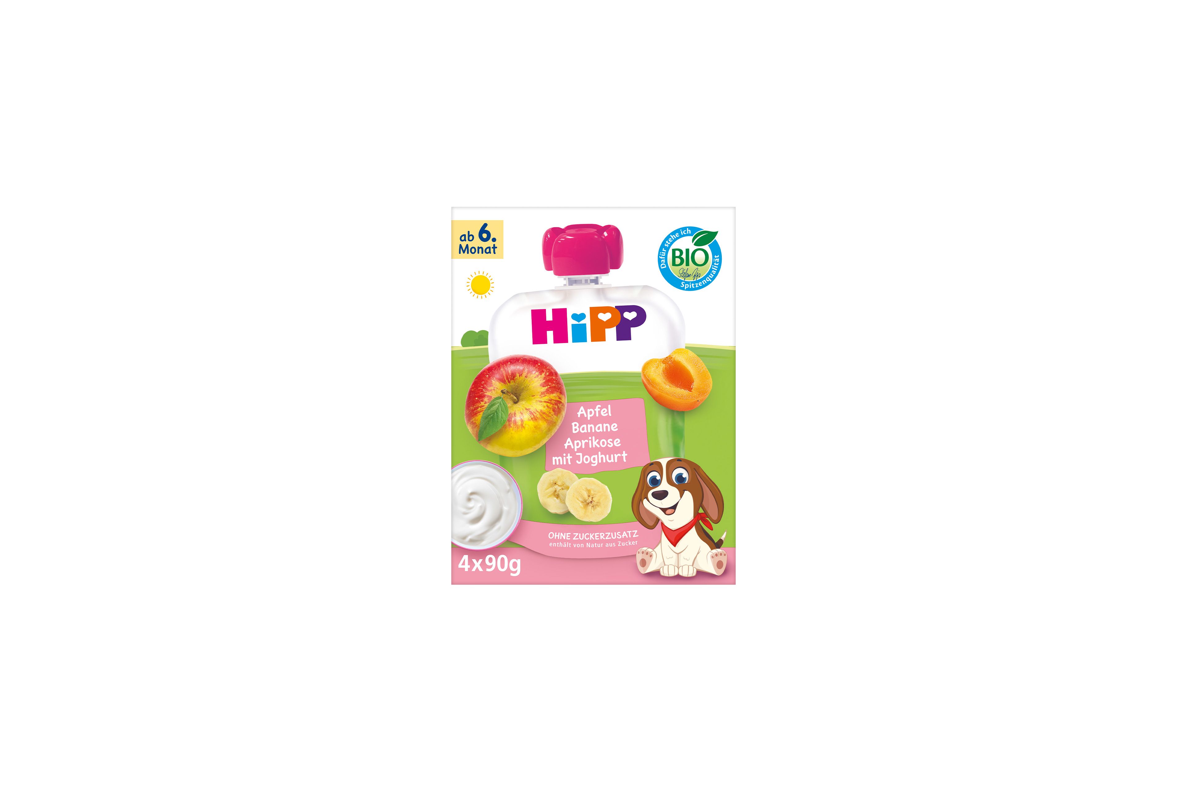 HiPP Bio-Quetschie Apfel Banane Aprikose mit Joghurt, ab 6. Monat, 4x90g, ohne Zuckerzusatz in bunter Kinderverpackung