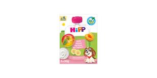HiPP Bio-Quetschie Apfel Banane Aprikose mit Joghurt, ab 6. Monat, 4x90g, ohne Zuckerzusatz in bunter Kinderverpackung