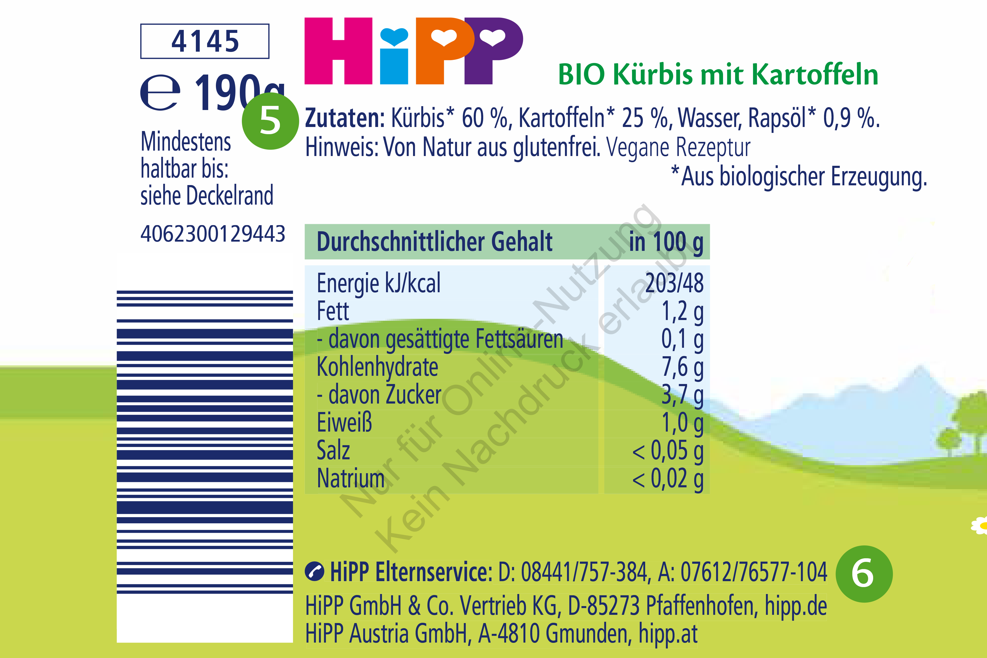 Ein Produktetikett für "HIPP Bio Kurbis mit Kartoffeln" mit Angaben zu Nährwert und Inhaltsstoffen.