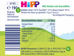 Ein Produktetikett für "HIPP Bio Kurbis mit Kartoffeln" mit Angaben zu Nährwert und Inhaltsstoffen.