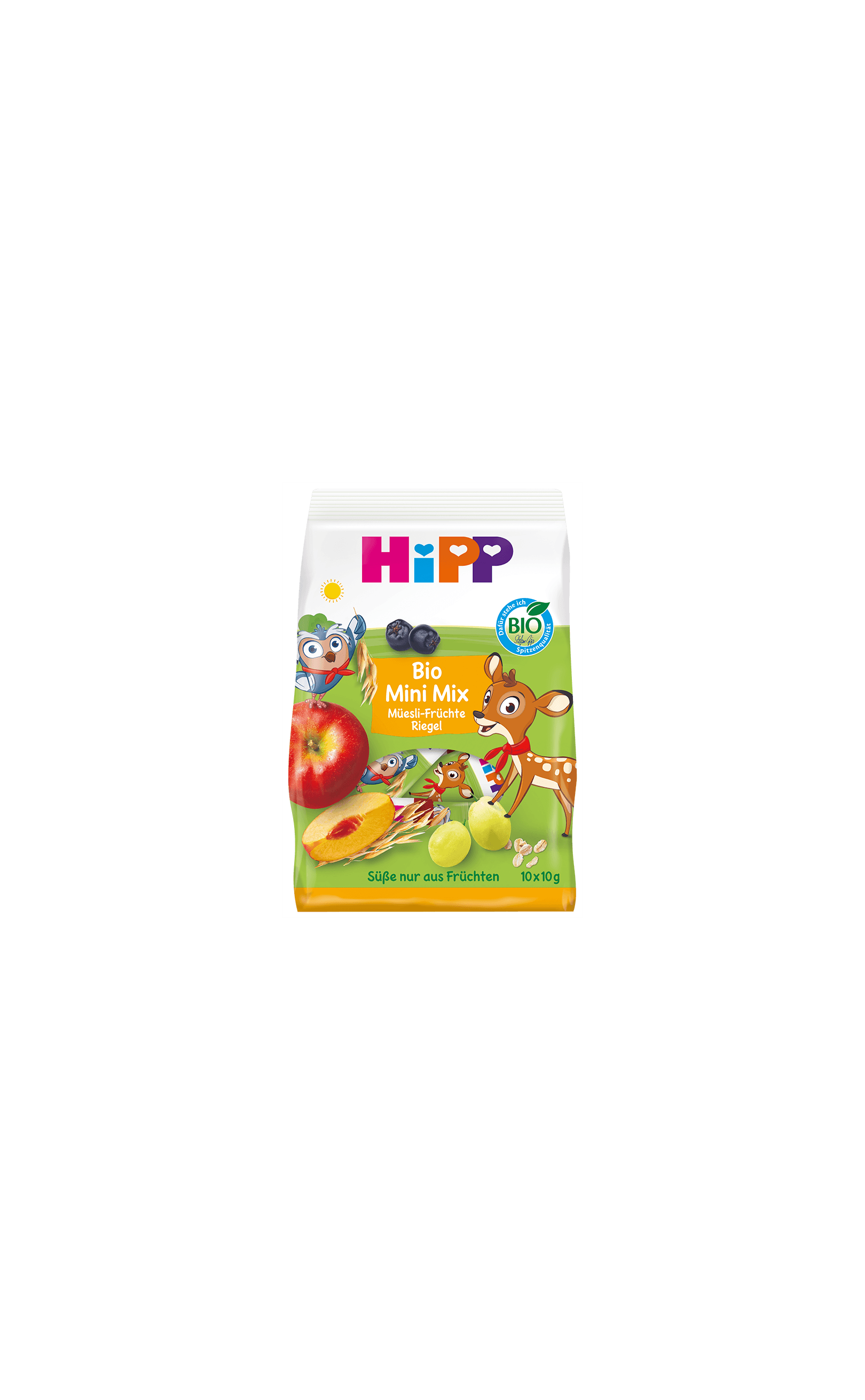 HiPP Bio Mini Mix Müesli Früchte Riegel Packung mit bunten Fruchtmotiven und Tierillustrationen auf weiß-grünem Hintergrund