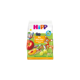 HiPP Bio Mini Mix Müesli Früchte Riegel Packung mit bunten Fruchtmotiven und Tierillustrationen auf weiß-grünem Hintergrund