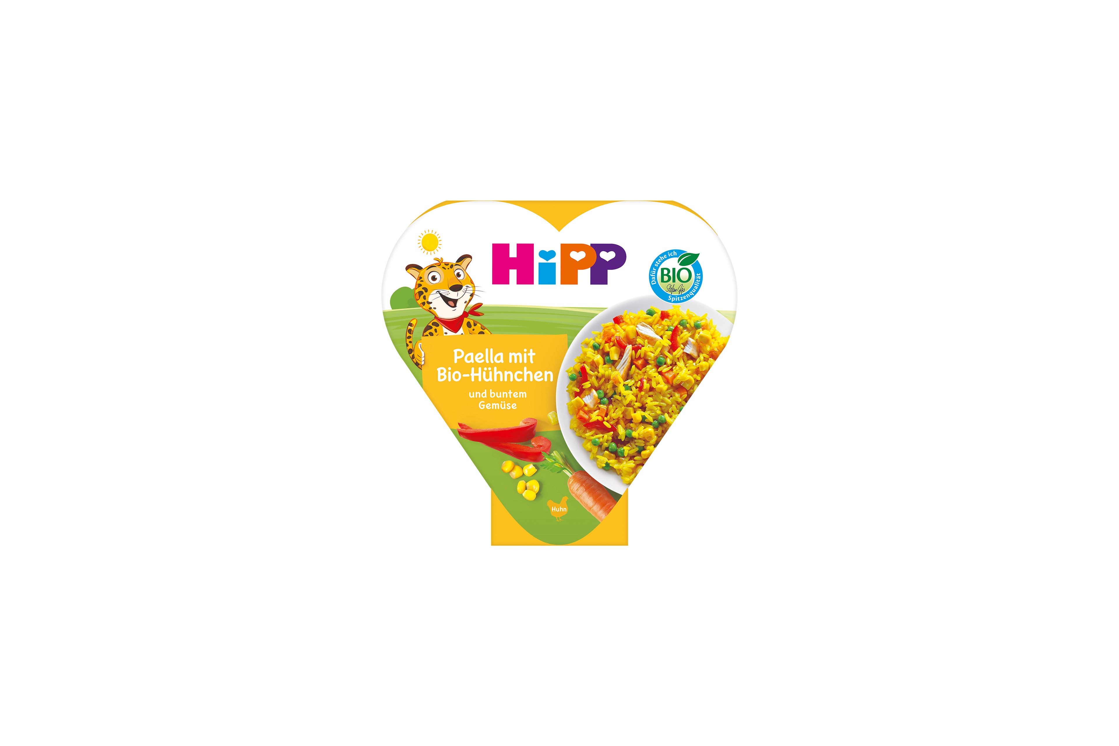 HiPP Paella mit Bio-Hühnchen und buntem Gemüse in Herzchen-Schale, Packung mit bunter Paella und Bio-Siegel auf der Vorderseite