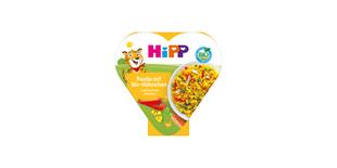 HiPP Paella mit Bio-Hühnchen und buntem Gemüse in Herzchen-Schale, Packung mit bunter Paella und Bio-Siegel auf der Vorderseite
