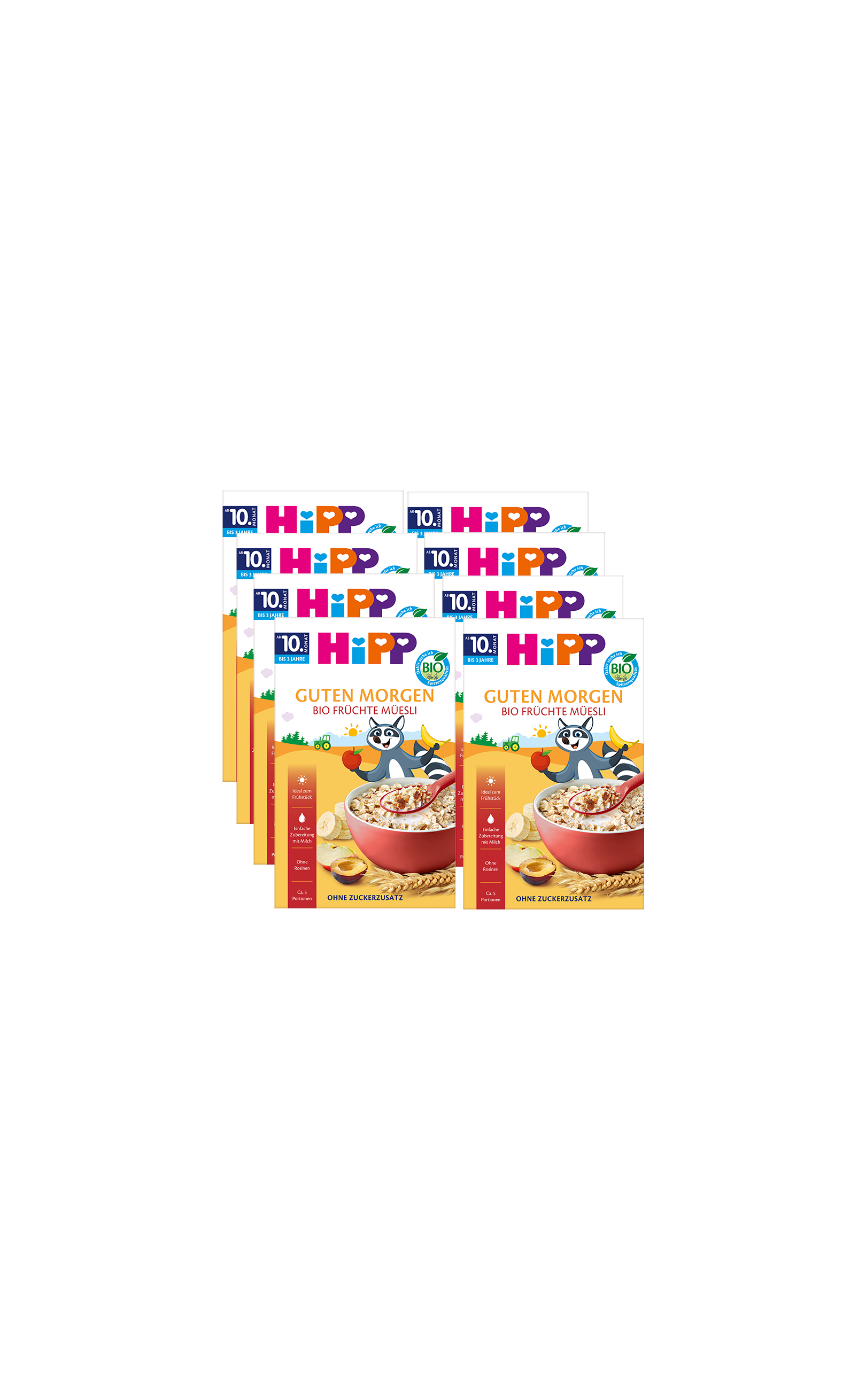 Acht Packungen HiPP Guten Morgen Bio Früchte Müsli ab 10. Monat, vorne rote Schale mit Getreide und Obst auf gelbem Hintergrund