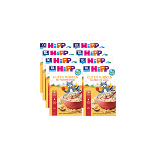 Acht Packungen HiPP Guten Morgen Bio Früchte Müsli ab 10. Monat, vorne rote Schale mit Getreide und Obst auf gelbem Hintergrund