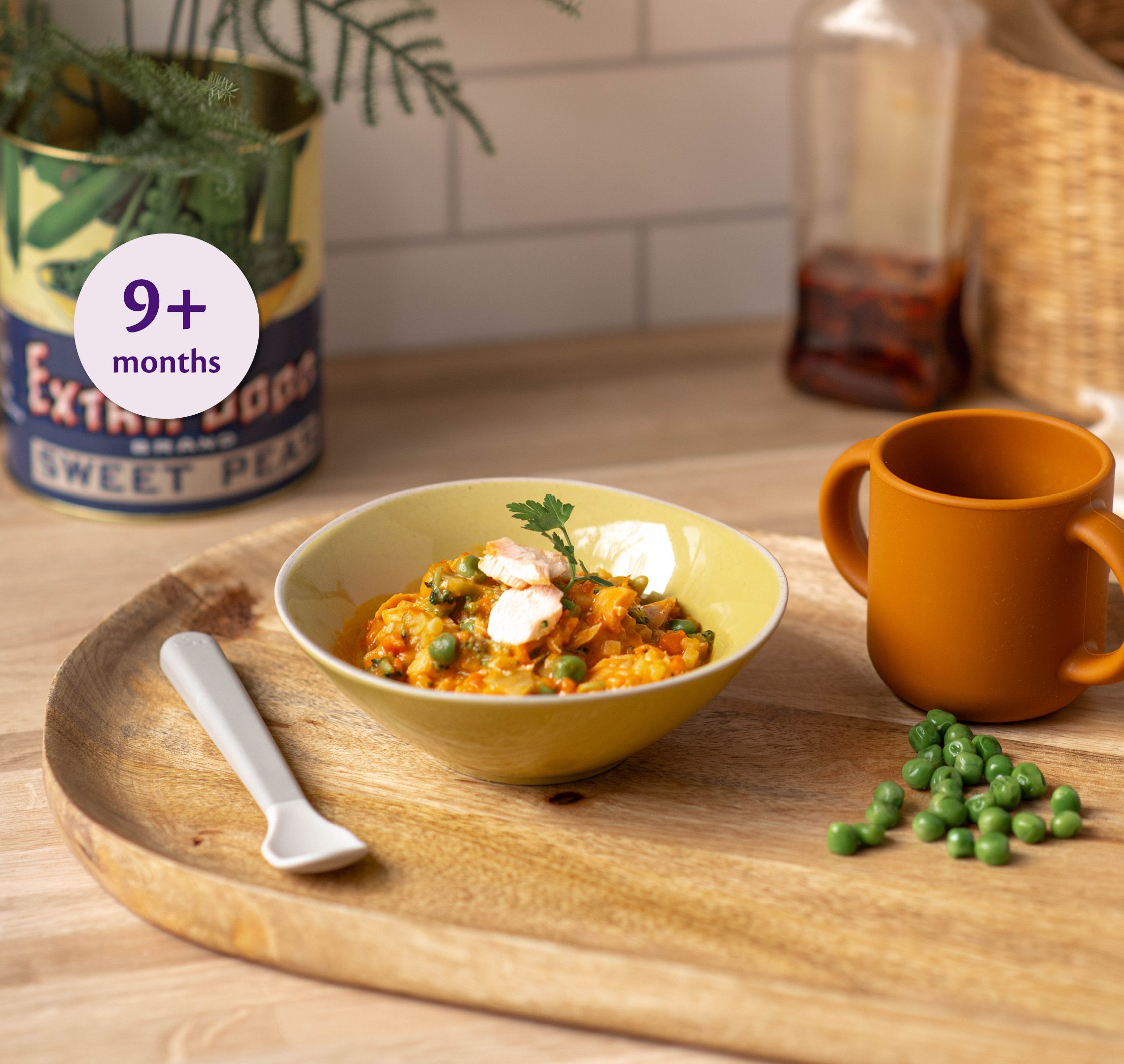 Bowl of soft salmon and vegetable rice with peas on a wooden tray, labelled 9+ months, beside a toddler cup and spoon.