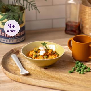 Bowl of soft salmon and vegetable rice with peas on a wooden tray, labelled 9+ months, beside a toddler cup and spoon.