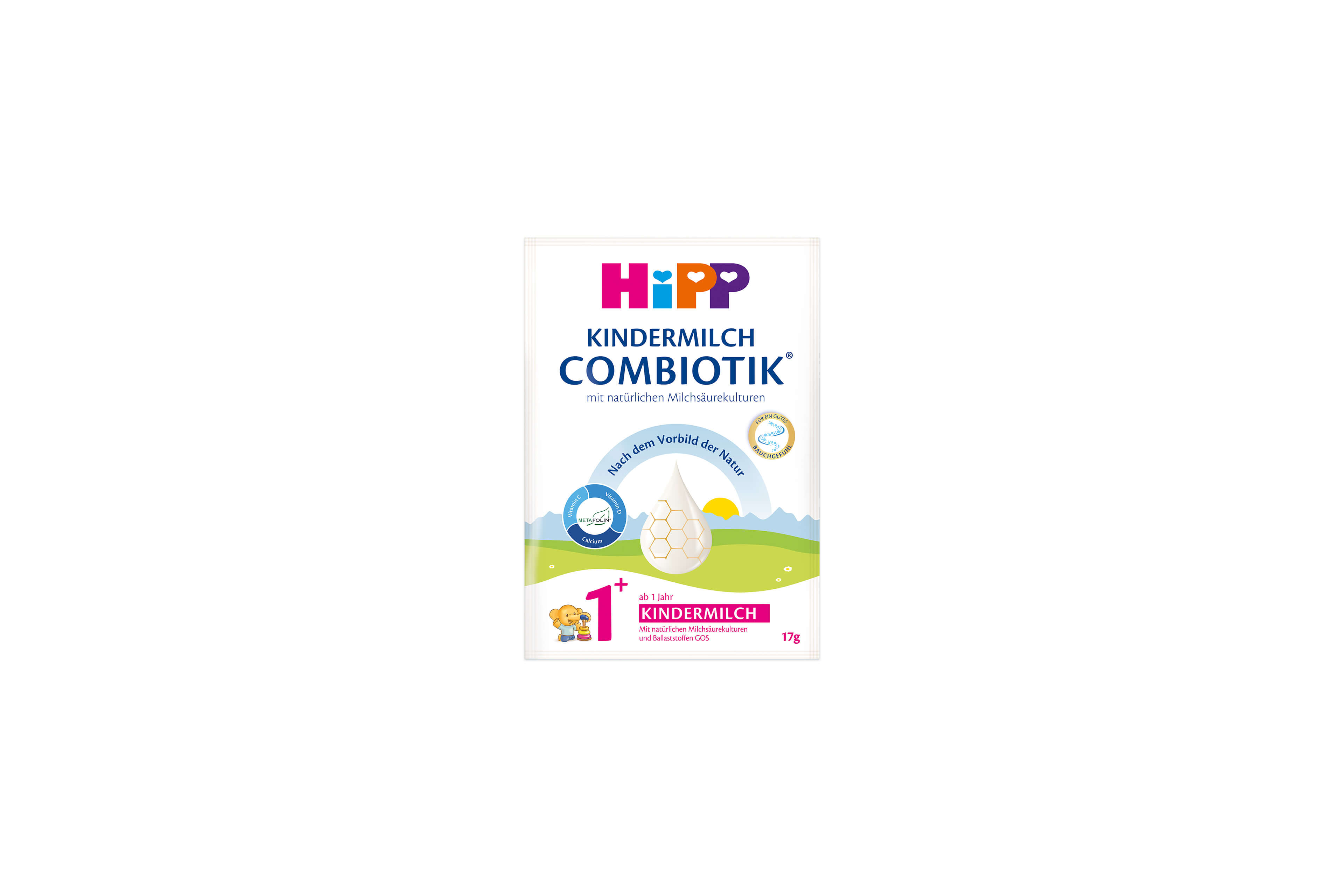 HiPP Kindermilch Combiotik 1+ Portionsbeutel mit Landschaftsgrafik und Bärchenmotiv auf weiß-grünem Verpackungsdesign