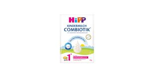HiPP Kindermilch Combiotik 1+ Portionsbeutel mit Landschaftsgrafik und Bärchenmotiv auf weiß-grünem Verpackungsdesign