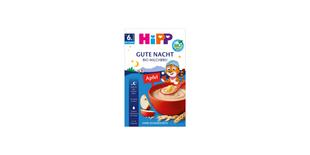 HiPP Gute Nacht Bio Milchbrei Apfel Packung mit roter Schale Brei, Apfelstücken und Getreideähren auf blauem Hintergrund