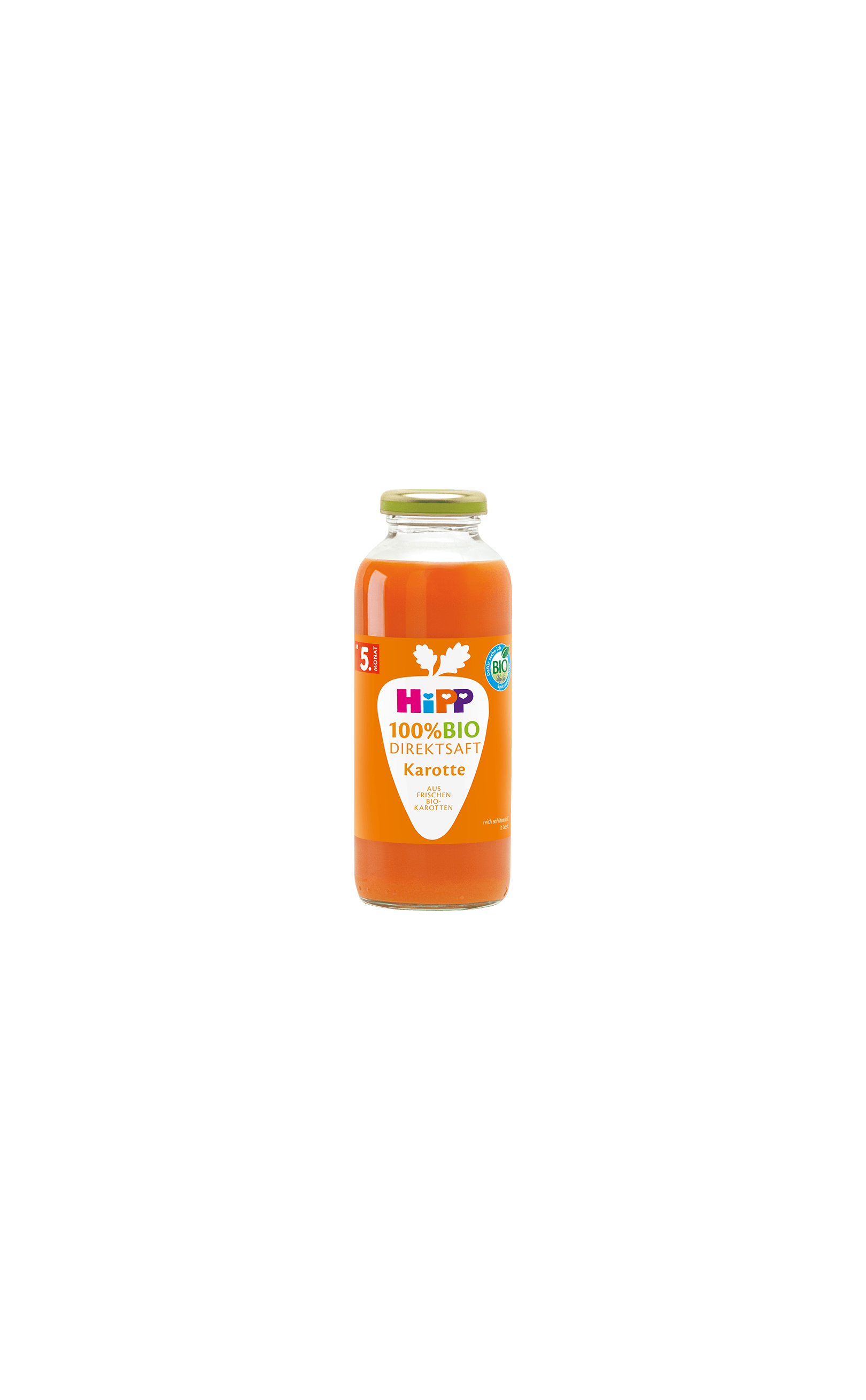 Flasche HiPP 100% Bio Direktsaft Karotte für Babys ab dem 5. Monat auf weißem Hintergrund