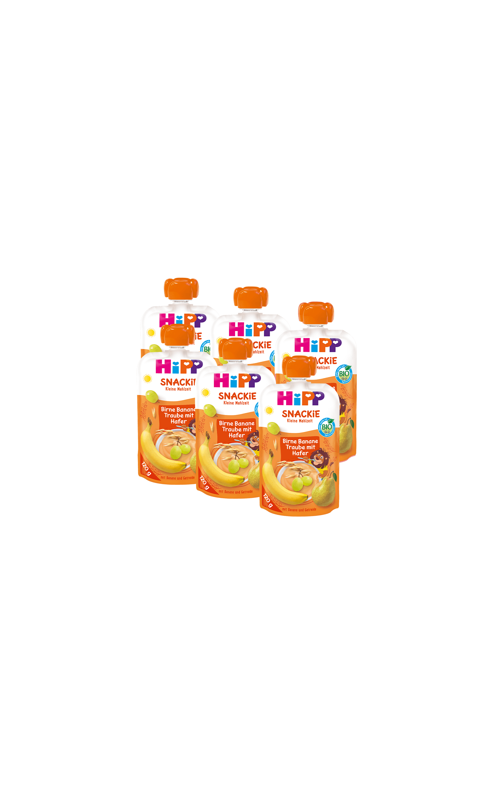 6er-Pack HiPP Snackie Quetschbeutel Birne-Banane-Traube mit Hafer für kleine Kindermahlzeiten