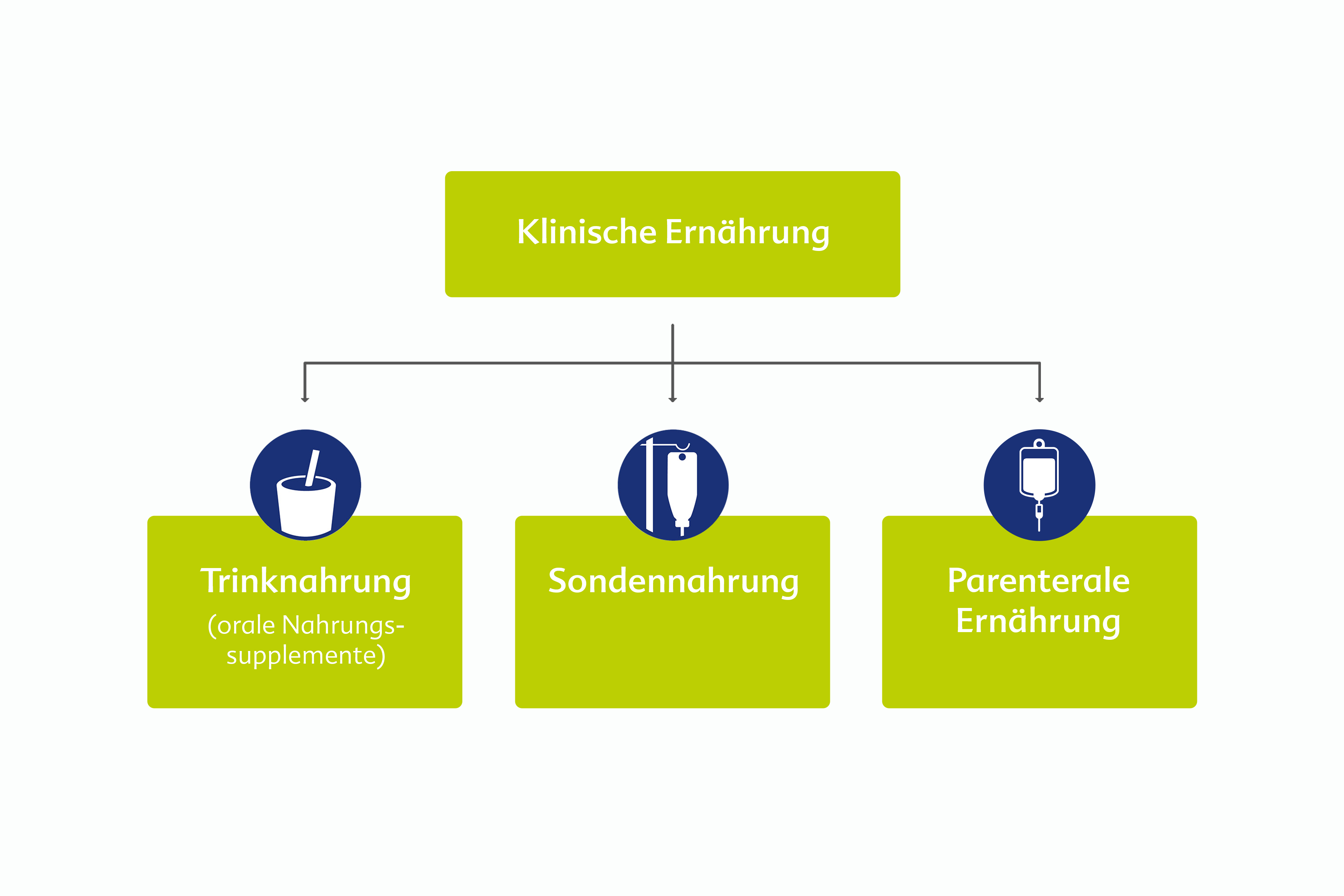 Grafik mit drei Kategorien der klinischen Ernährung: Trinknahrung mit Becher und Strohhalm, Sondennahrung mit Infusionsbeutel, parenterale Ernährung mit Tropfbeutel