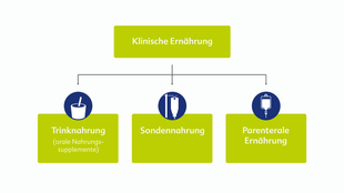 Grafik mit drei Kategorien der klinischen Ernährung: Trinknahrung mit Becher und Strohhalm, Sondennahrung mit Infusionsbeutel, parenterale Ernährung mit Tropfbeutel