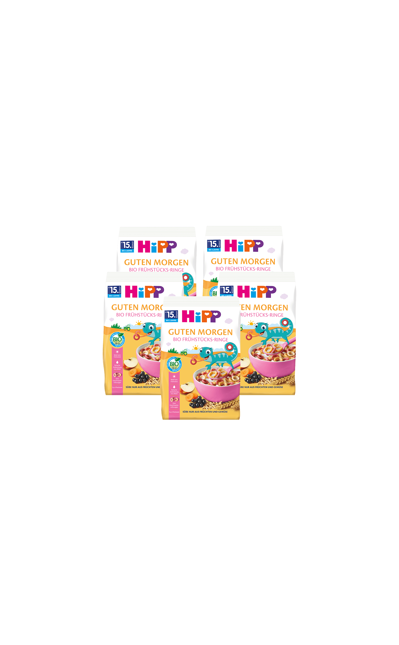 Fünferpack HiPP Guten Morgen Bio Frühstücks-Ringe für Babys ab 15 Monaten vor schwarzem Hintergrund