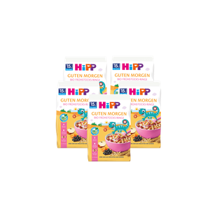 Fünferpack HiPP Guten Morgen Bio Frühstücks-Ringe für Babys ab 15 Monaten vor schwarzem Hintergrund