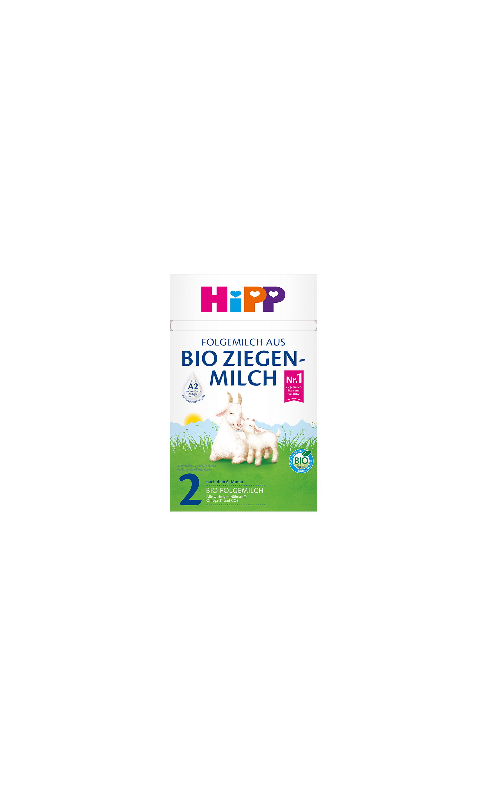 HiPP Bio Ziegenmilch Folgemilch 2 ab dem 6. Monat, Packung mit Ziege und Zicklein auf grüner Wiese