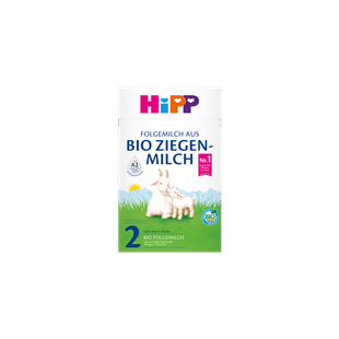 HiPP Bio Ziegenmilch Folgemilch 2 ab dem 6. Monat, Packung mit Ziege und Zicklein auf grüner Wiese