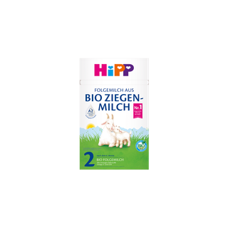 HiPP 2 Folgemilch aus Bio Ziegenmilch Packung mit Ziegenmotiv auf grüner Wiese, geeignet nach dem 6. Monat