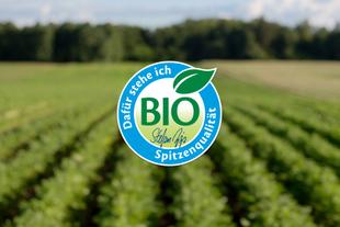 HiPP Bio-Siegel mit grünem Blatt vor unscharfem, weitläufigem Bio-Feld bei Tageslicht.