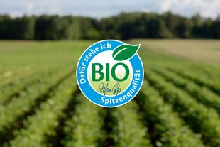 HiPP Bio-Siegel mit grünem Blatt vor unscharfem, weitläufigem Bio-Feld bei Tageslicht.