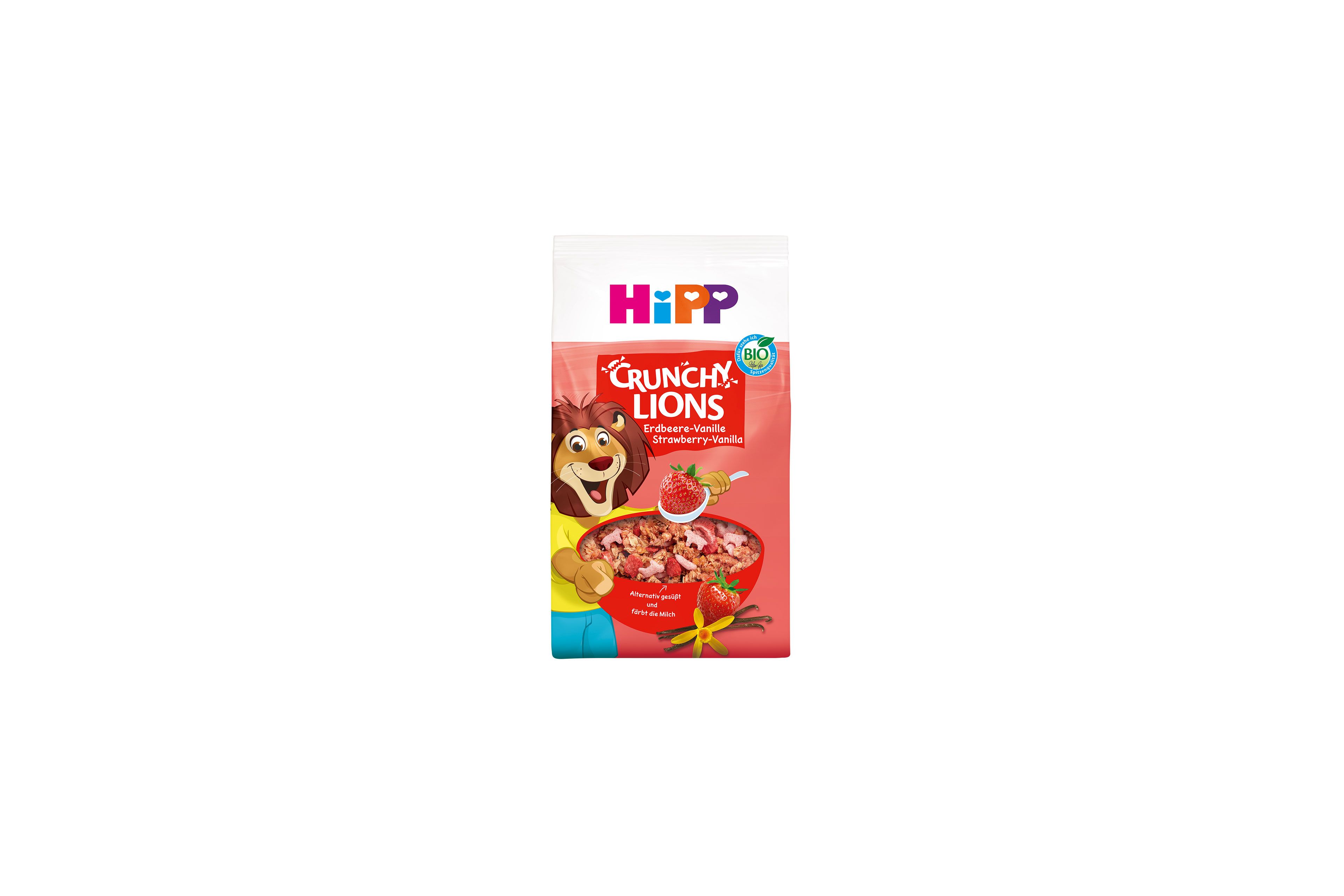 HiPP Crunchy Lions Erdbeere-Vanille Bio-Kinder-Müsli-Packung mit roter Schale und fröhlichem Löwenmaskottchen