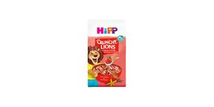HiPP Crunchy Lions Erdbeere-Vanille Bio-Kinder-Müsli-Packung mit roter Schale und fröhlichem Löwenmaskottchen