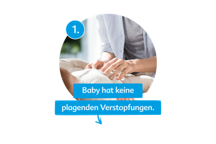 Grafik mit Elternhänden am Babybauch und Text: „Baby hat keine plagenden Verstopfungen.“ als erstes Anzeichen für zufriedenes Bäuchlein.