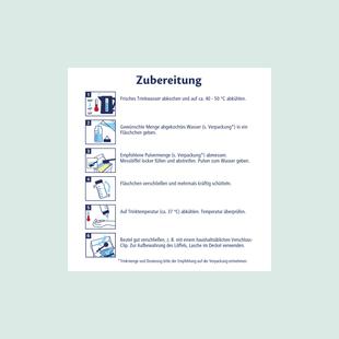 Anleitung zur Zubereitung von Ziegenmilch mit Symbolen für Wasser abkochen, Pulver abmessen, Fläschchen verschließen, schütteln, abkühlen und Beutel verschließen