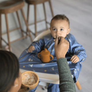 Little boy being fed porridge by mum