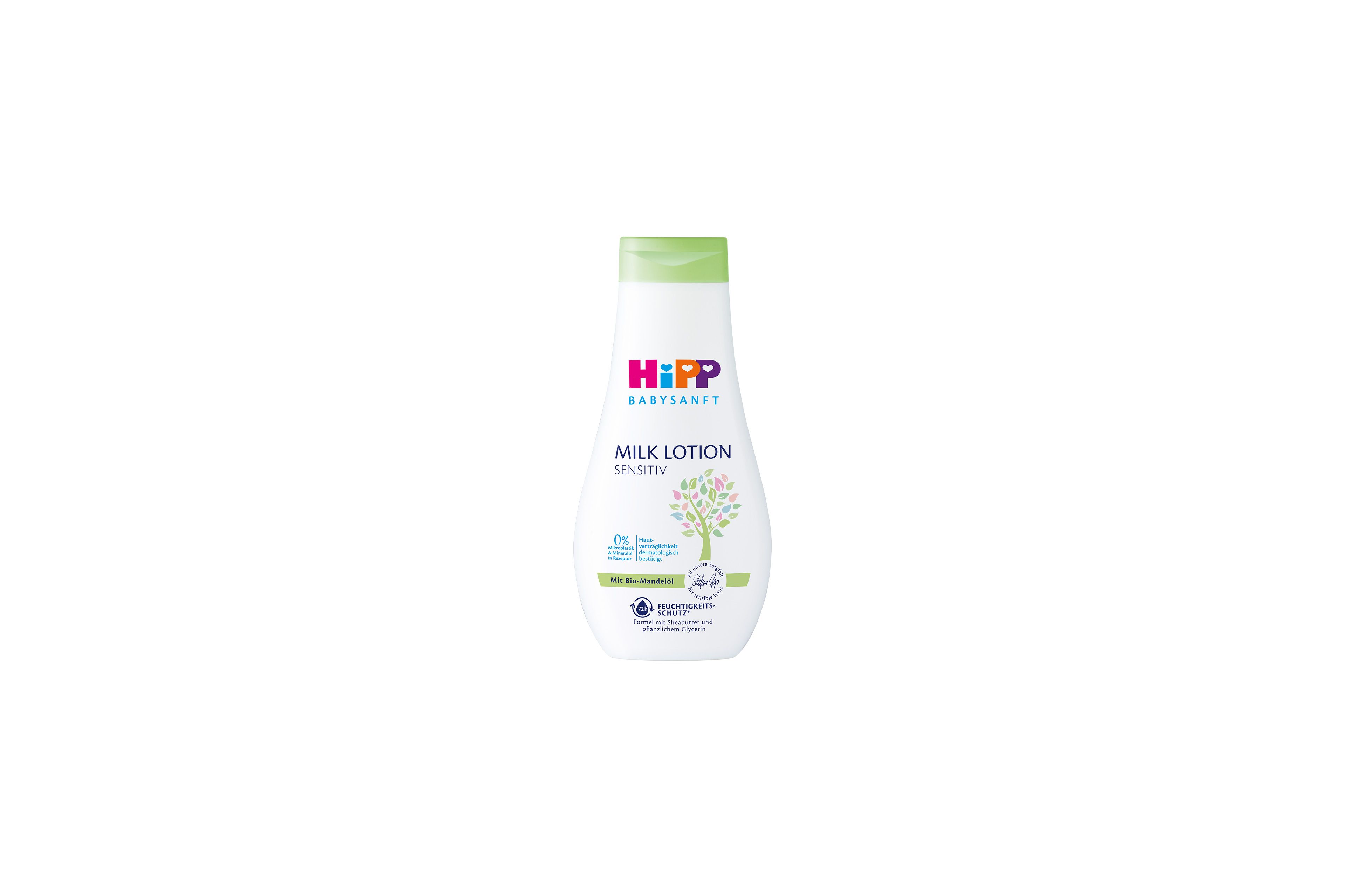 HiPP Babysanft Milk Lotion Sensitiv Flasche mit grünem Deckel und Baum-Motiv für zarte Babyhaut auf weißem Hintergrund