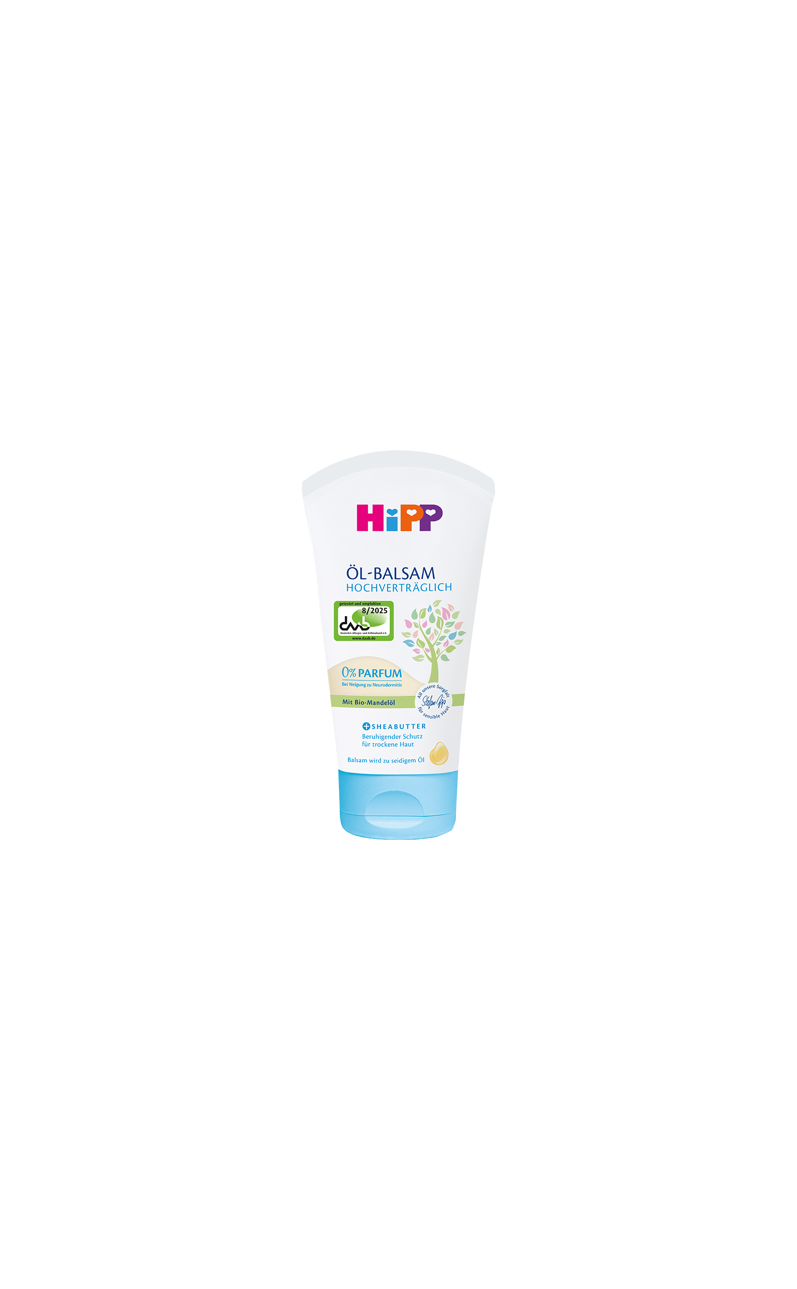 HiPP Öl-Balsam hochverträglich in 150ml Tube mit Bio-Mandelöl und Sheabutter auf schwarzem Hintergrund