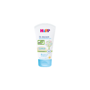 HiPP Öl-Balsam hochverträglich in 150ml Tube mit Bio-Mandelöl und Sheabutter auf schwarzem Hintergrund