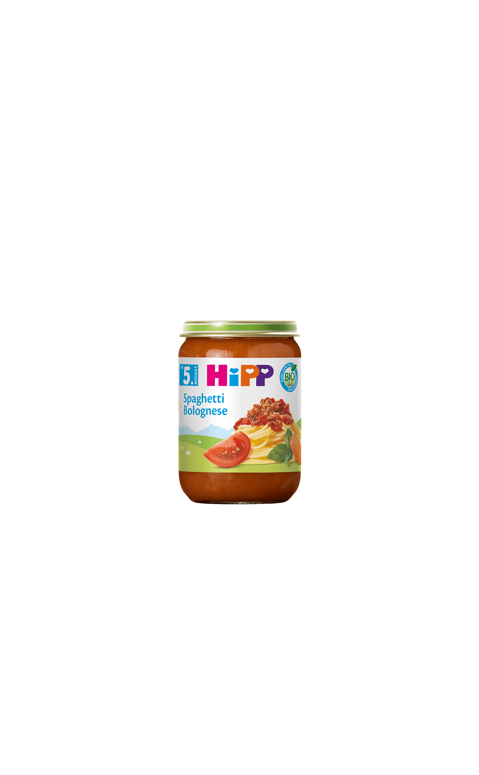 HiPP Bio Babygläschen Spaghetti Bolognese 190g ab dem 5. Monat, Glas mit Etikett und Tomaten-Spaghetti-Abbildung